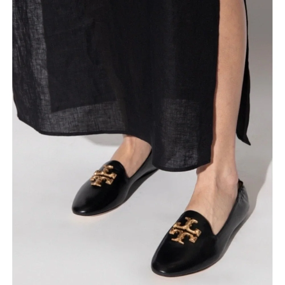 Tory Burch Eleanor Loafers Flats‎ Size 11 Black Leather Gold Logo Classic Chic
